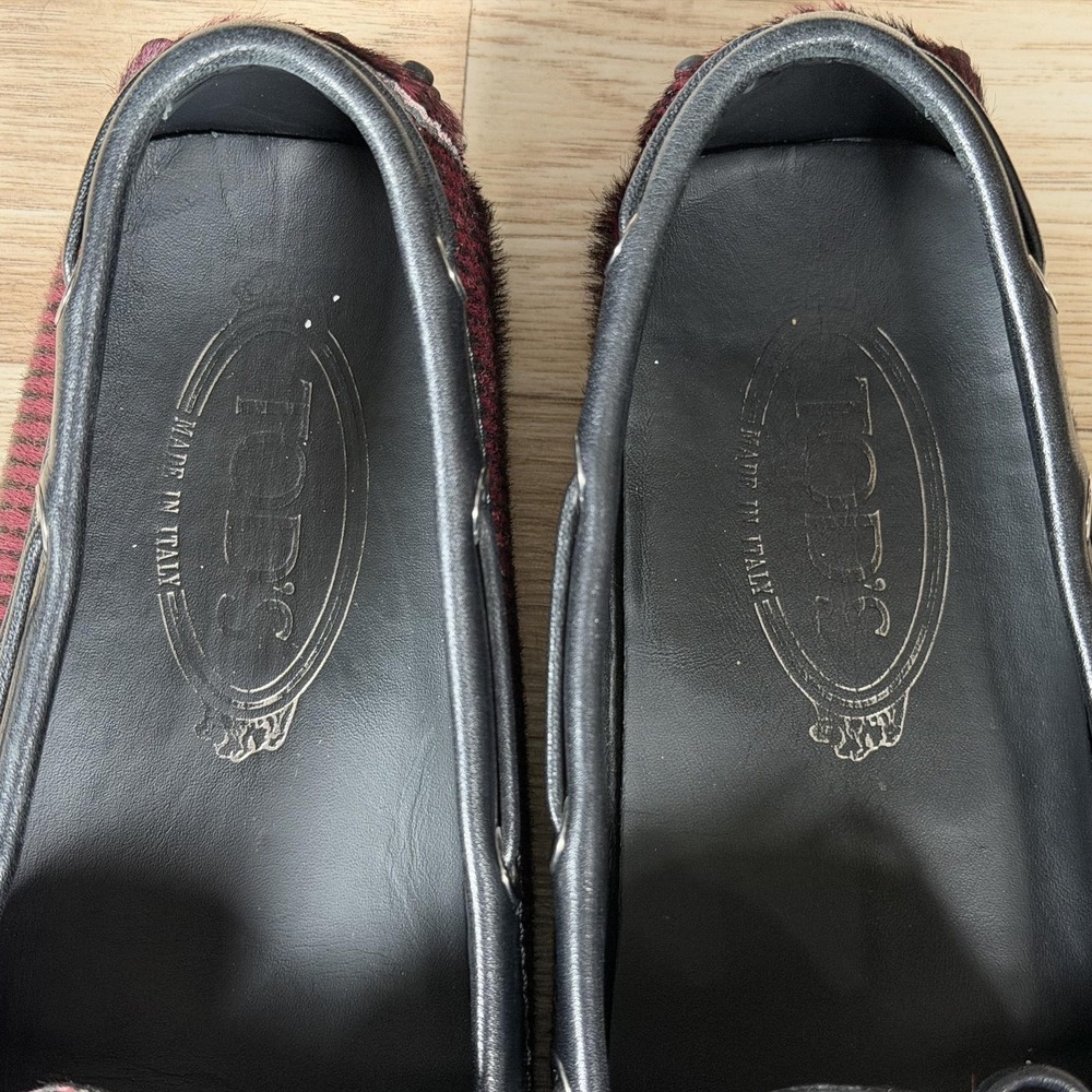 Tods Gommino Driving Shoes Womens 8 Purple Black Pony Hair Striped Loafers Italy - Picture 4 of 11
